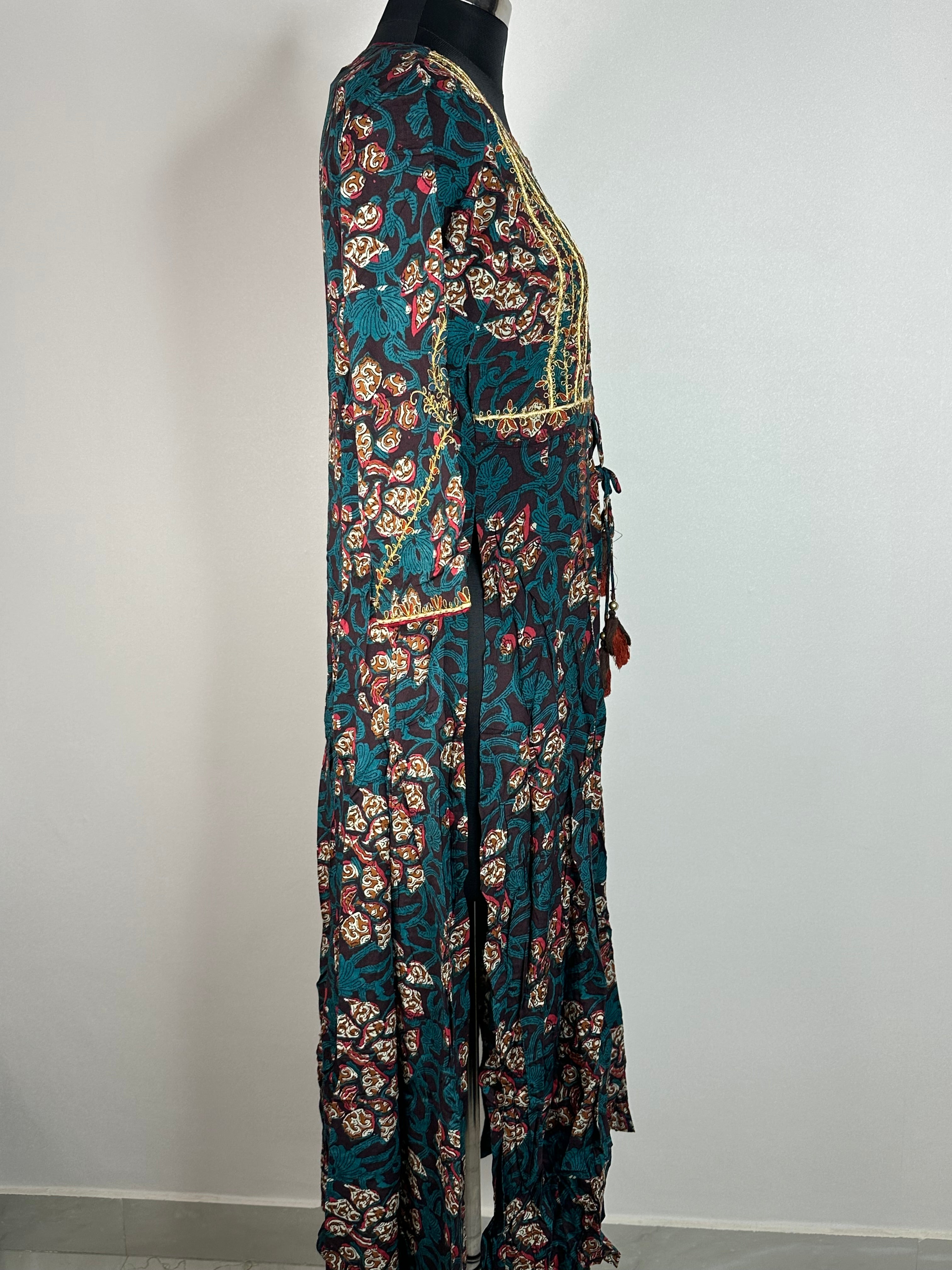 Black & Teal Ethnic Printed Long Kurti with Detailed Yoke