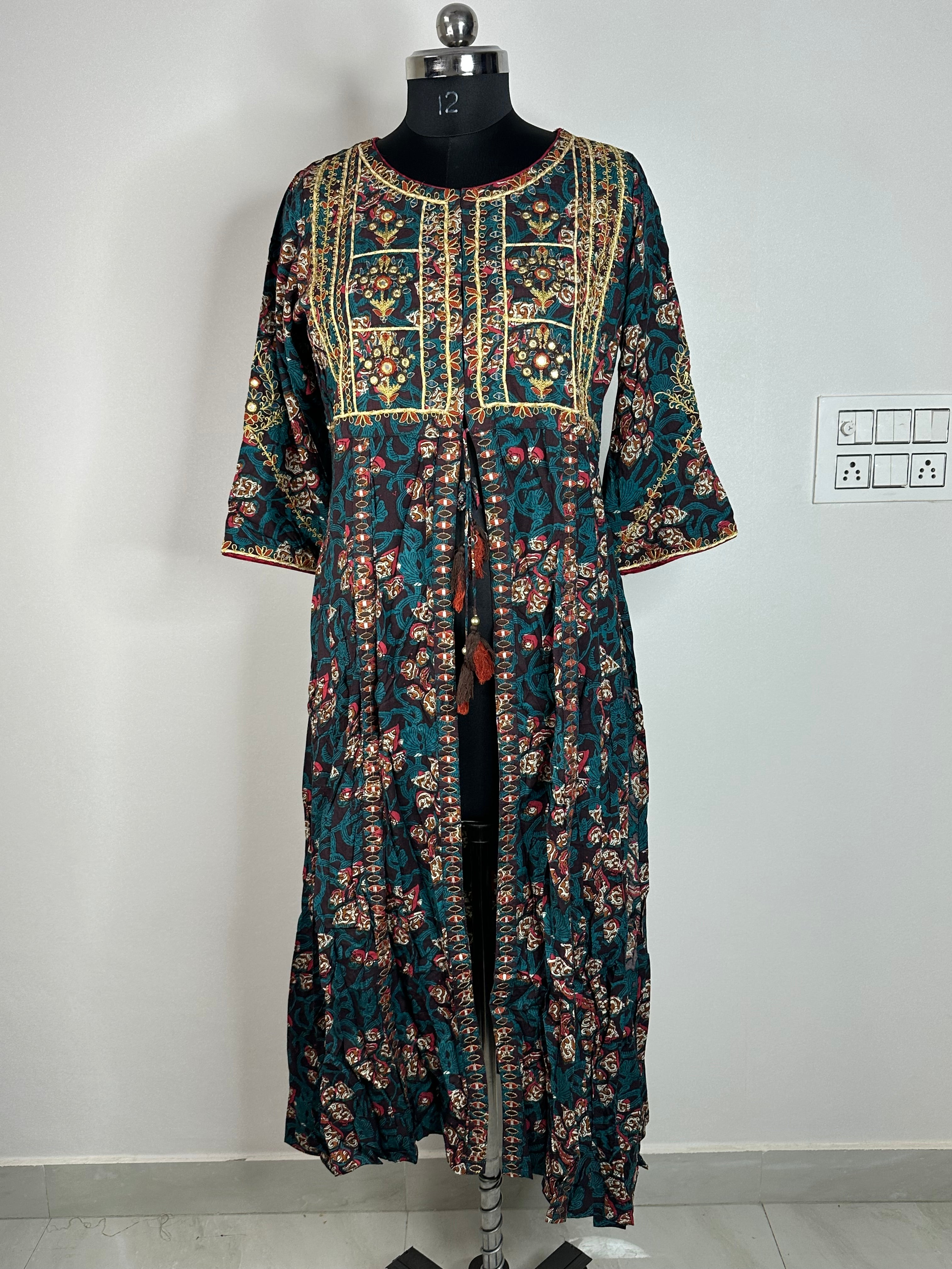 Black & Teal Ethnic Printed Long Kurti with Detailed Yoke