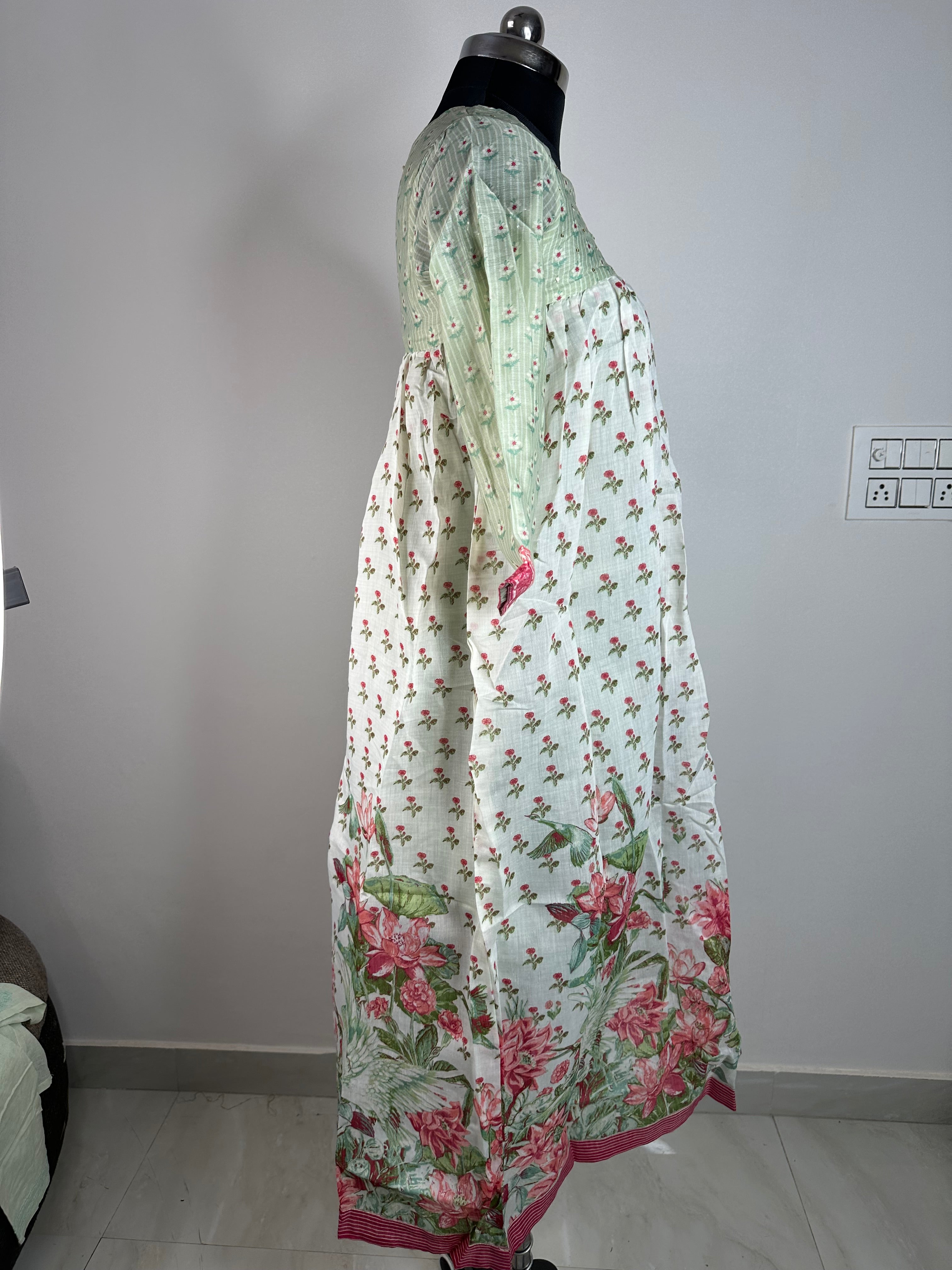 Pastel Green & White Floral Printed Long Kurti