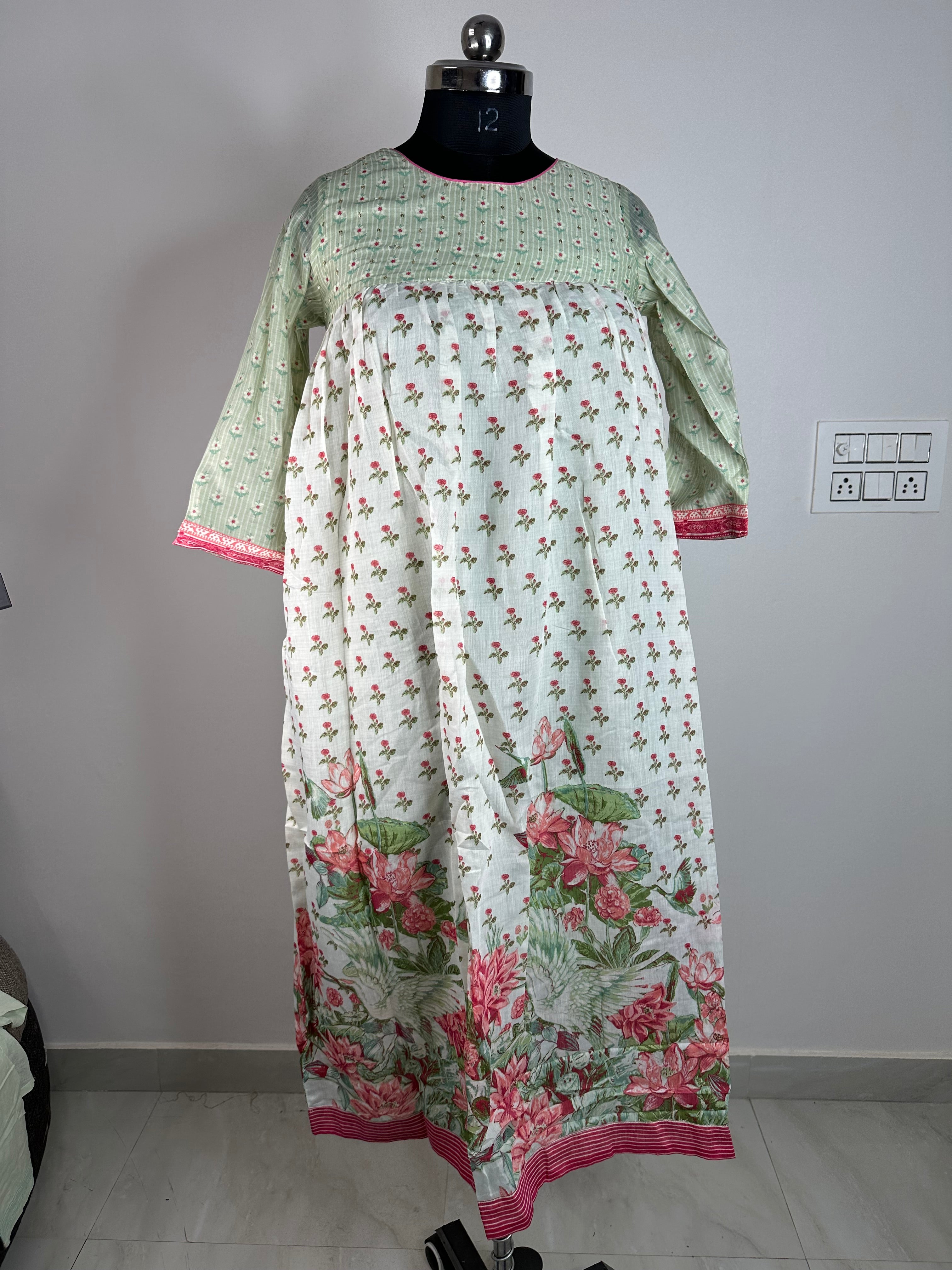 Pastel Green & White Floral Printed Long Kurti