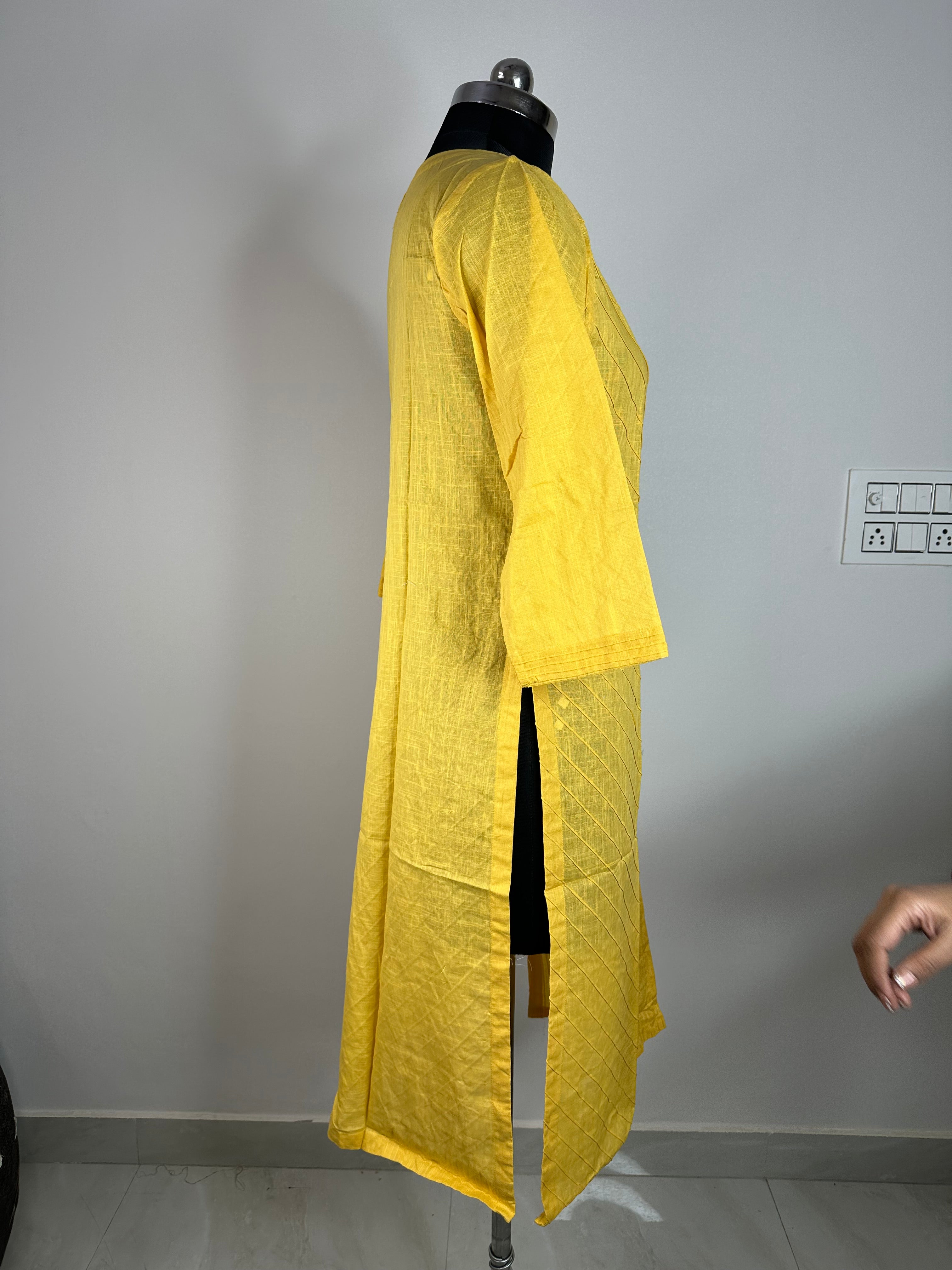 Sunshine Yellow Textured V-Neck Kurti