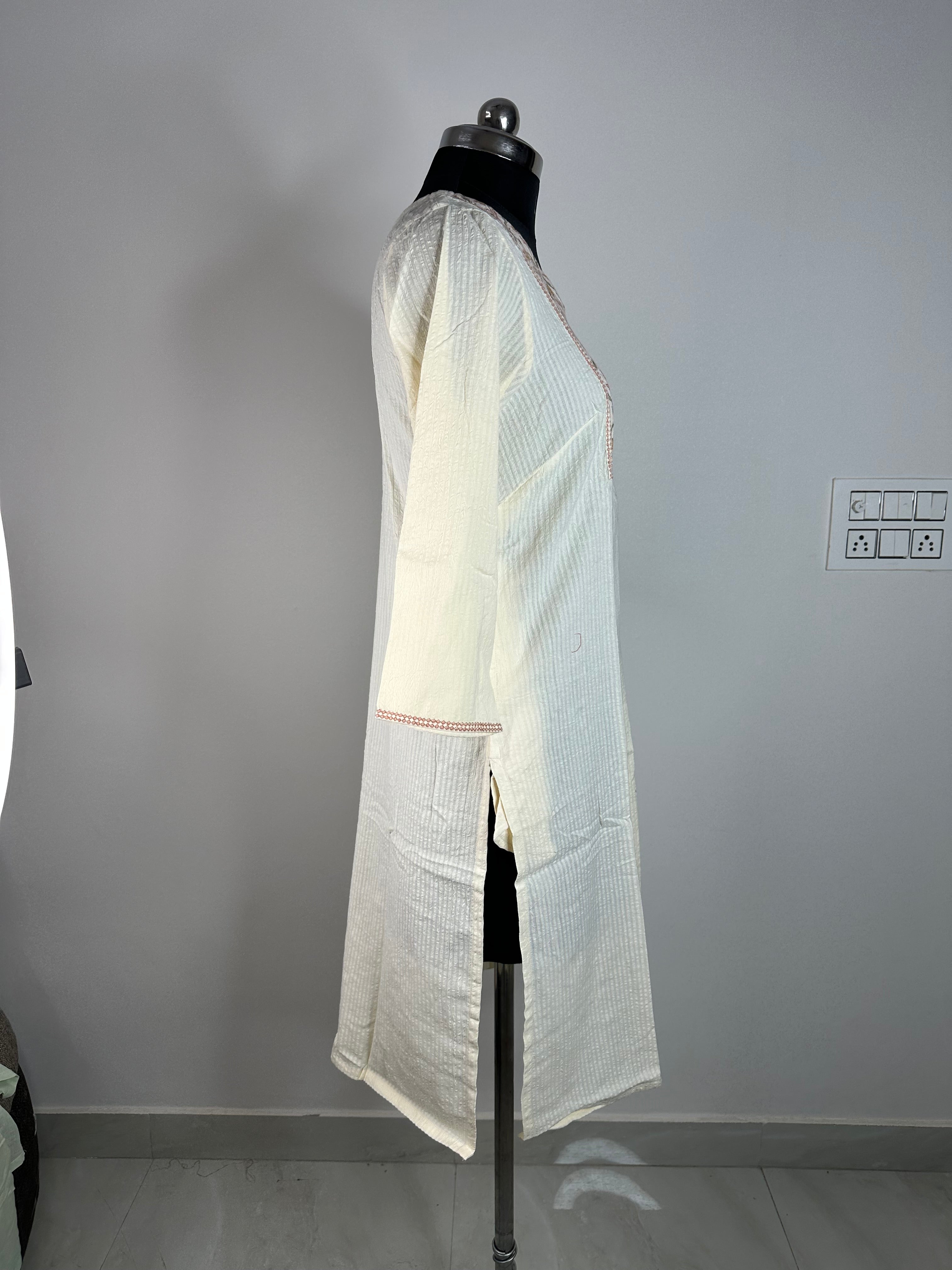 Ivory Textured Kurti with Pastel Floral Embroidered Yoke