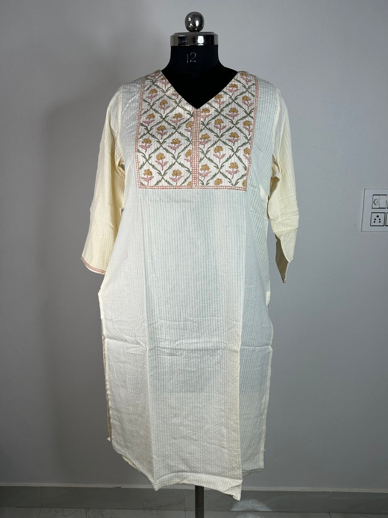 Ivory Textured Kurti with Pastel Floral Embroidered Yoke