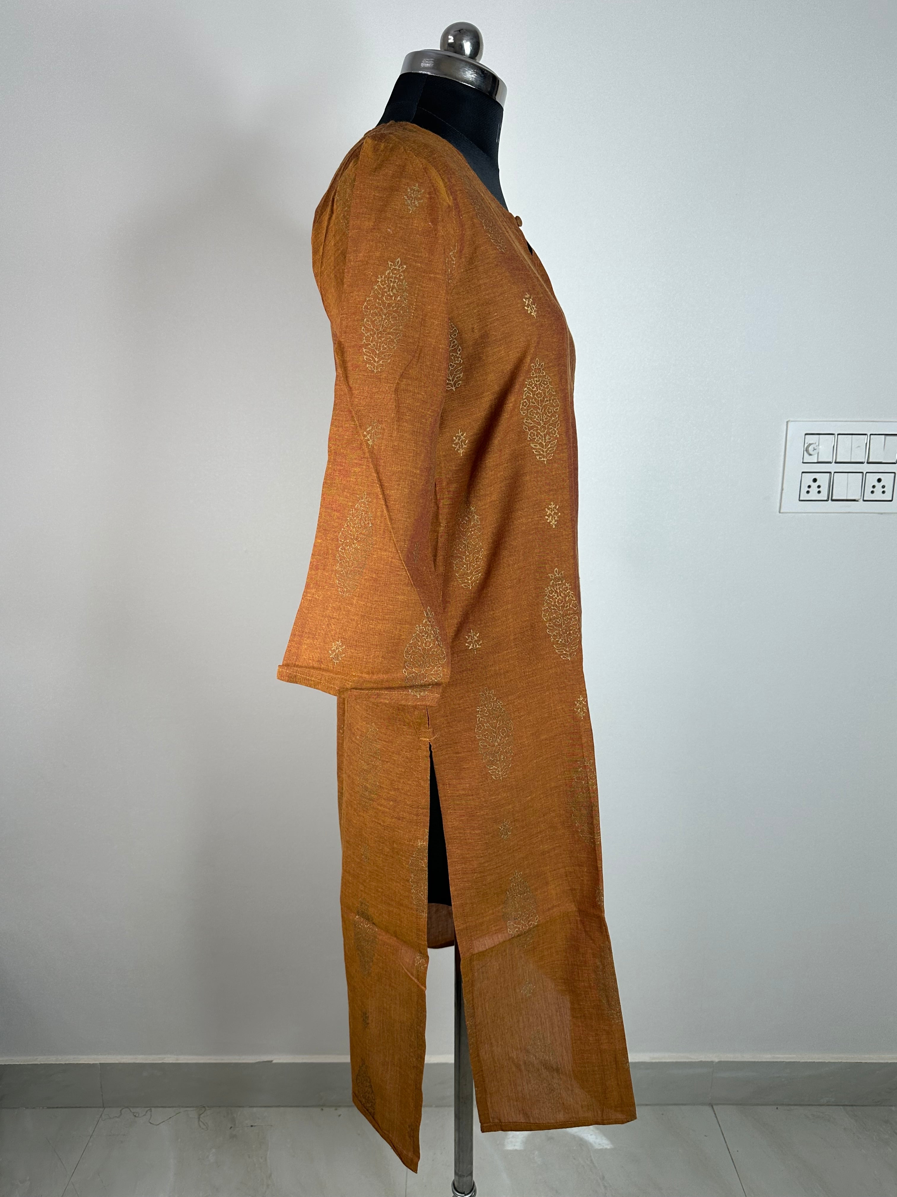 Rust Brown Printed Straight Kurti with Golden Motifs