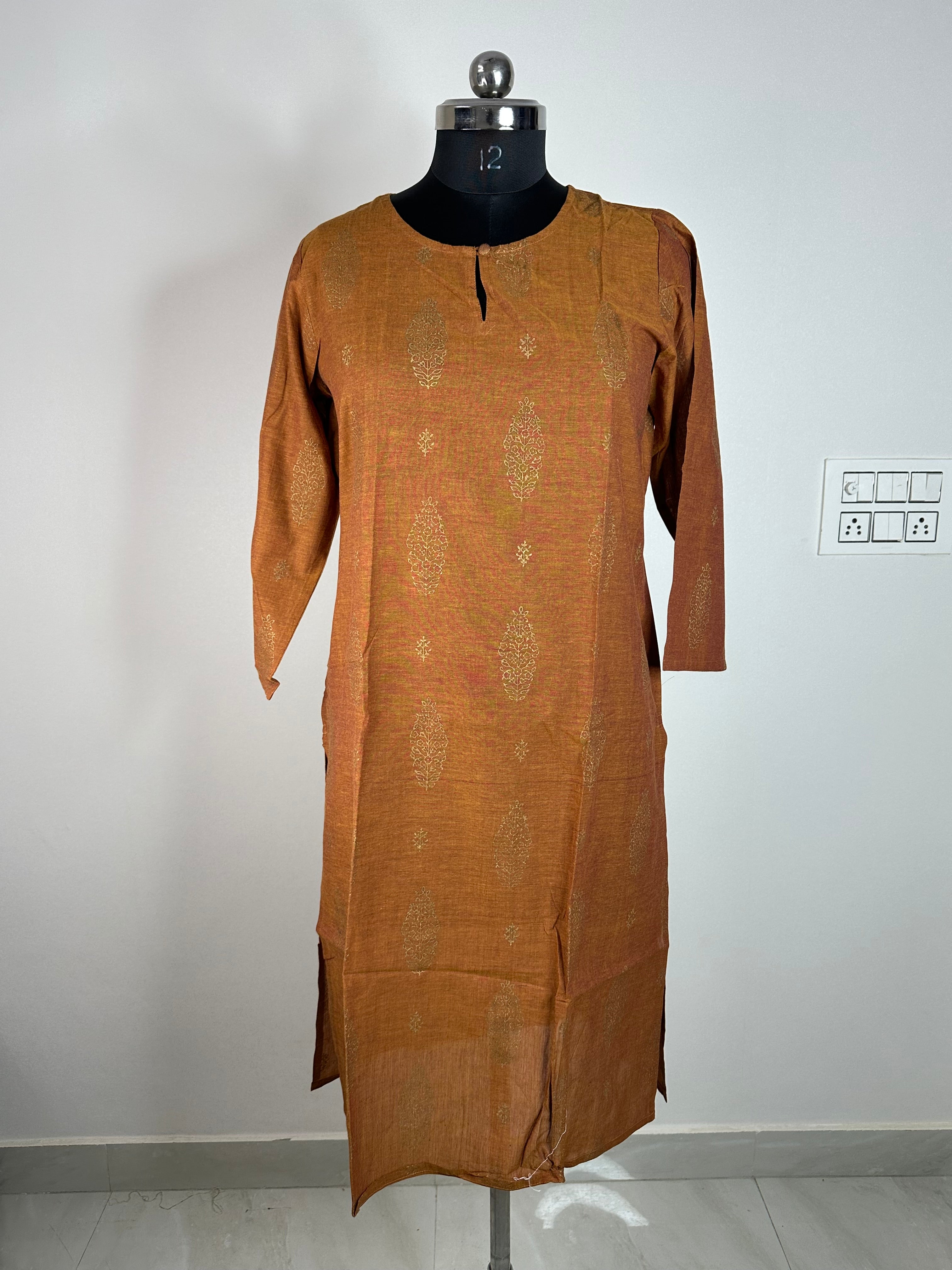 Rust Brown Printed Straight Kurti with Golden Motifs
