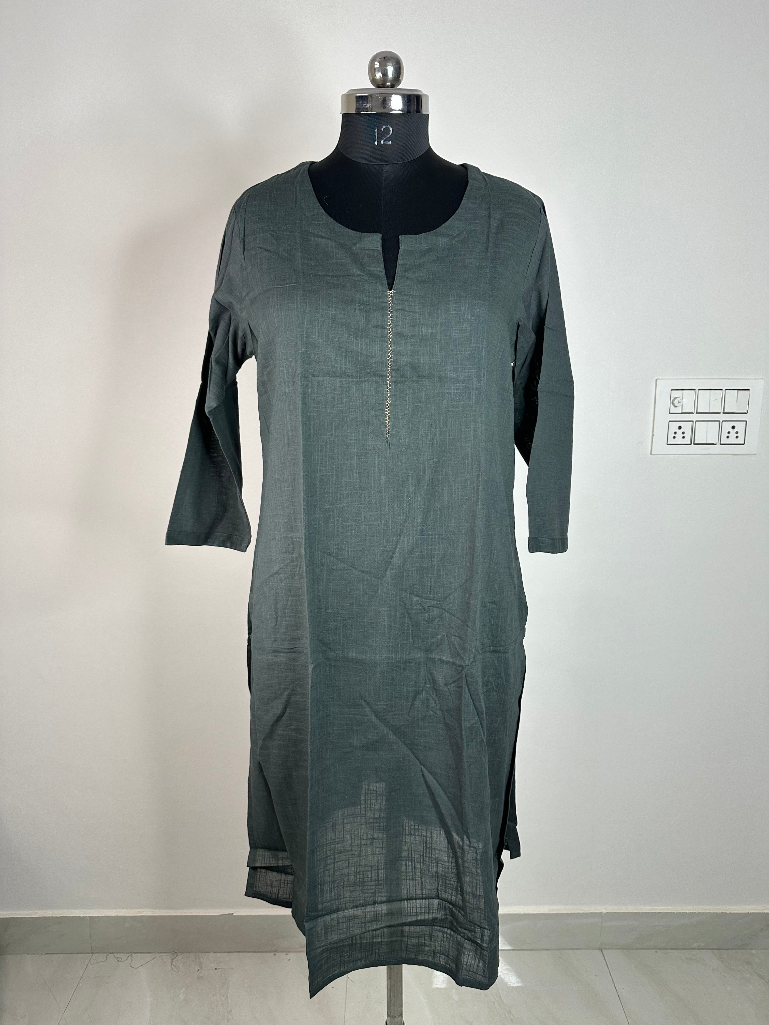 Charcoal Grey Solid Straight Kurti with Minimal Detailing