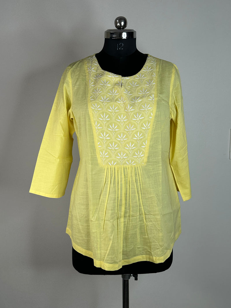 Pastel Yellow Embroidered Short Kurti