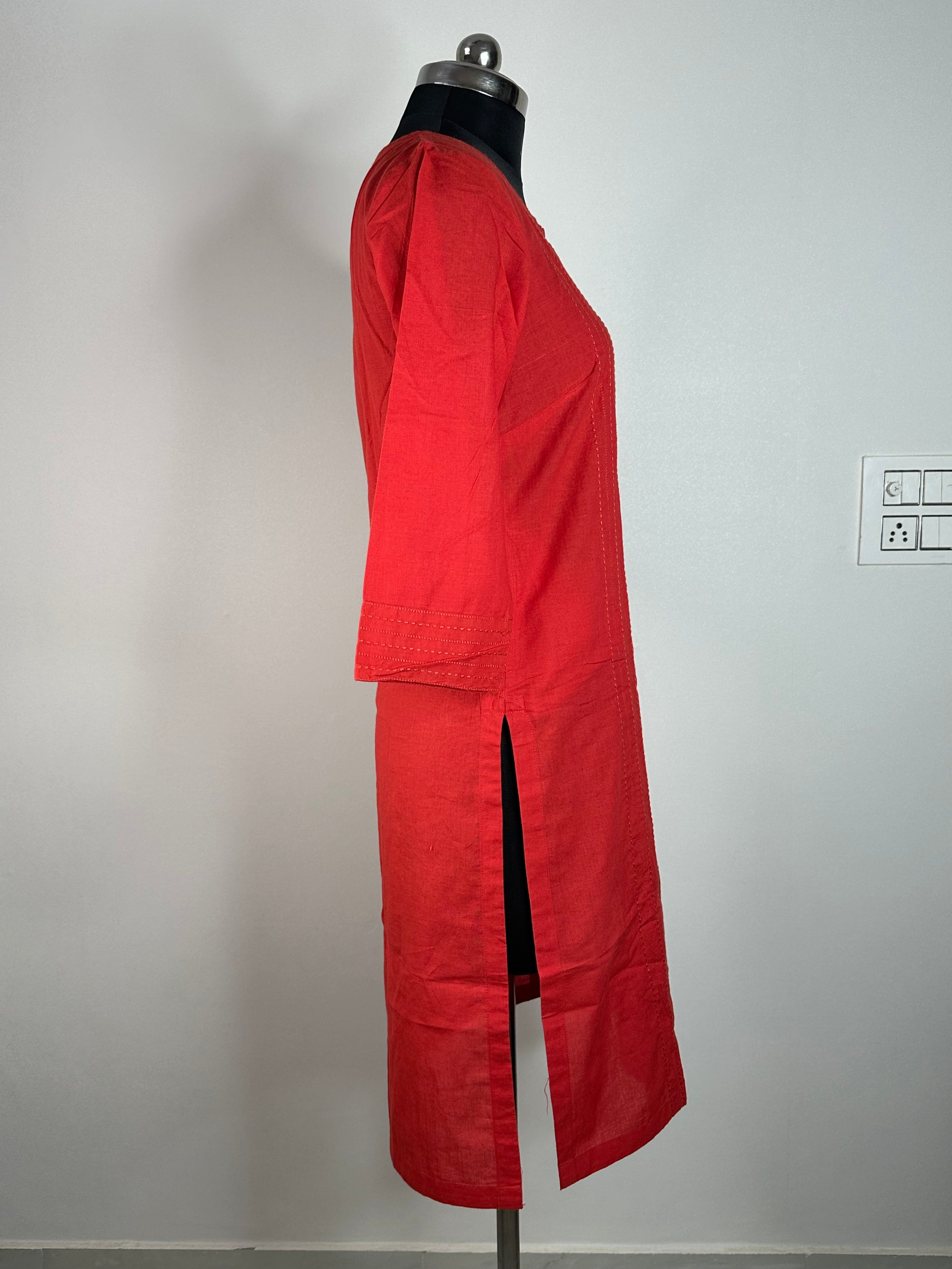 Bright Red Textured Straight Kurti